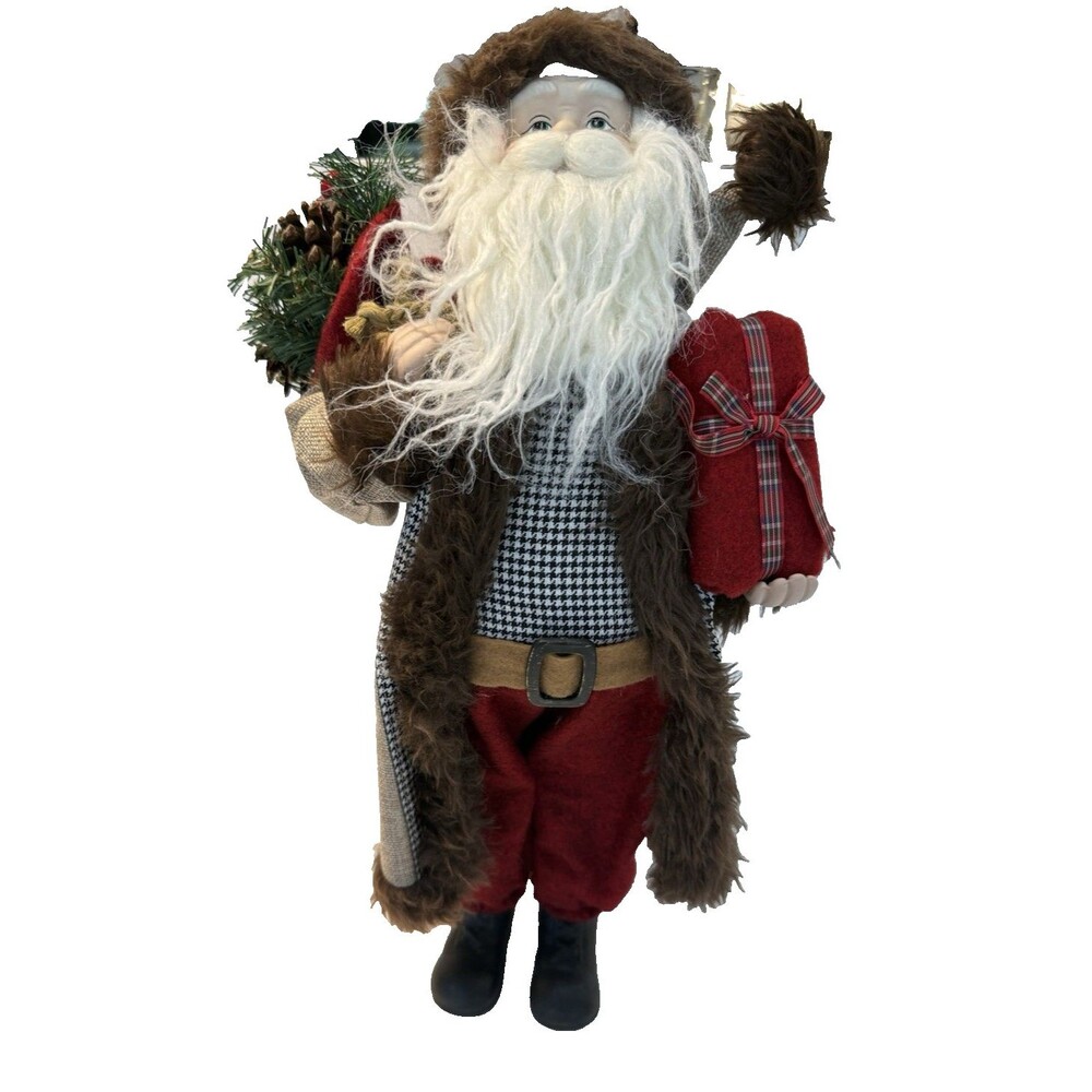 Rustic Woodland Santa Claus Figurine Burlap Fur Christmas Pine Cone Reindeer 18"